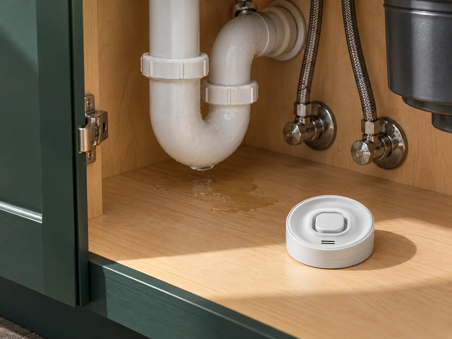 Water sensor inside an under-sink cabinet